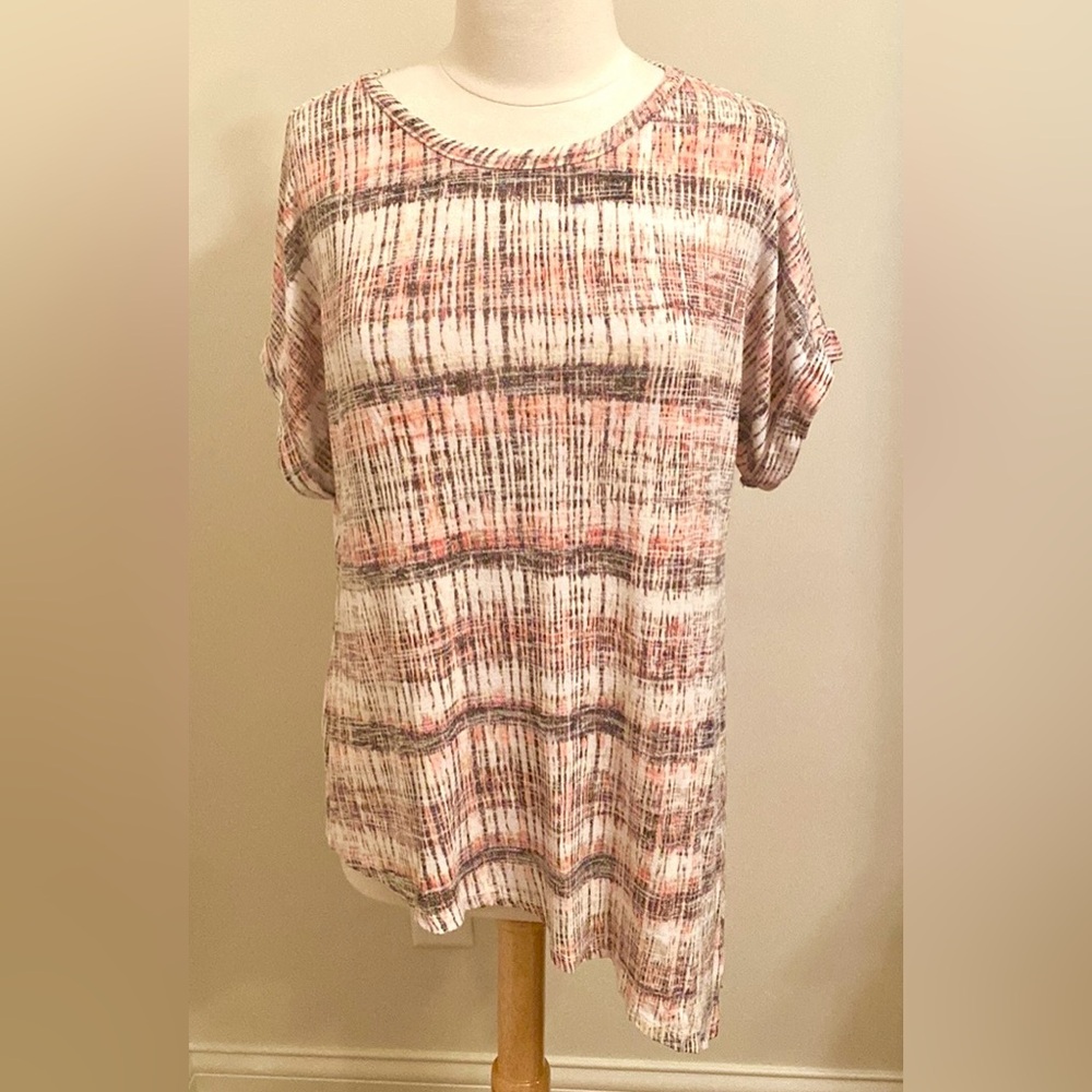 Soft Works Grey Pink White Hatch Print L Casual Boho Chic Soft Girl Summer Top
